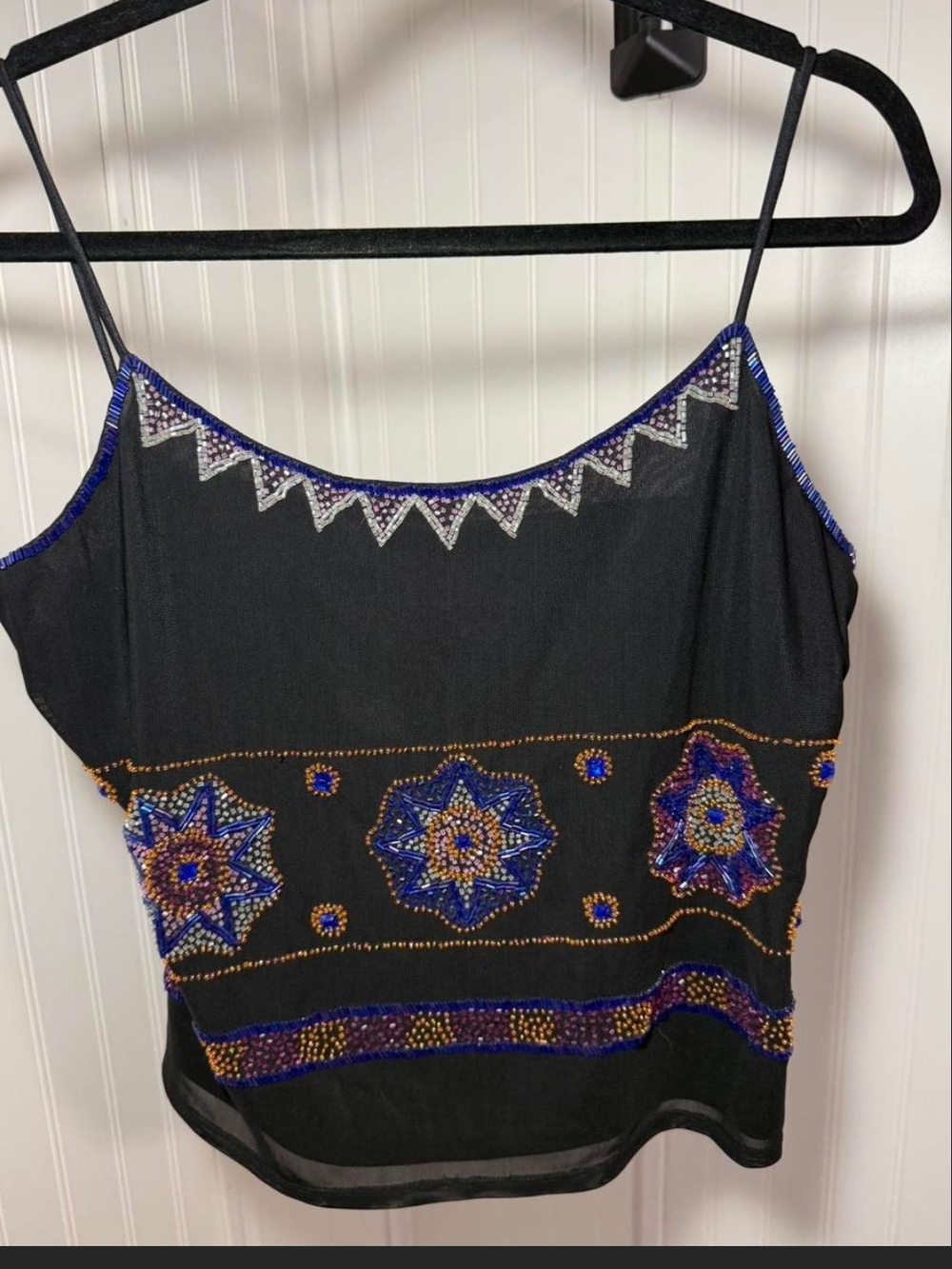 Cache Black Beaded Spaghetti Strap Camisole with Blue and Gold Accents